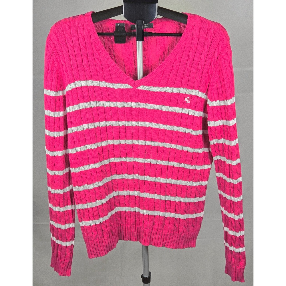Ralph Lauren Women's XL Striped V-Neck Preppy Sweater Old‎ Money